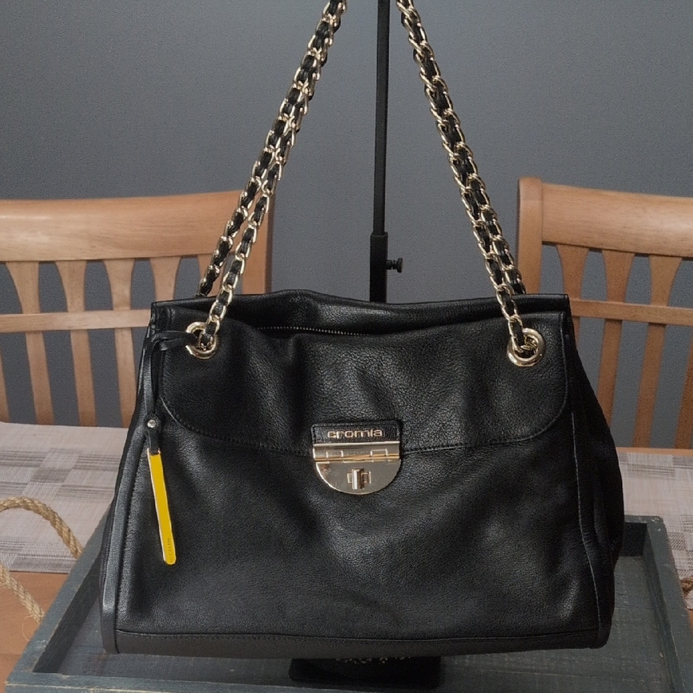 Cromia Black Italian Leather Shoulder Bag with Gold Accents
